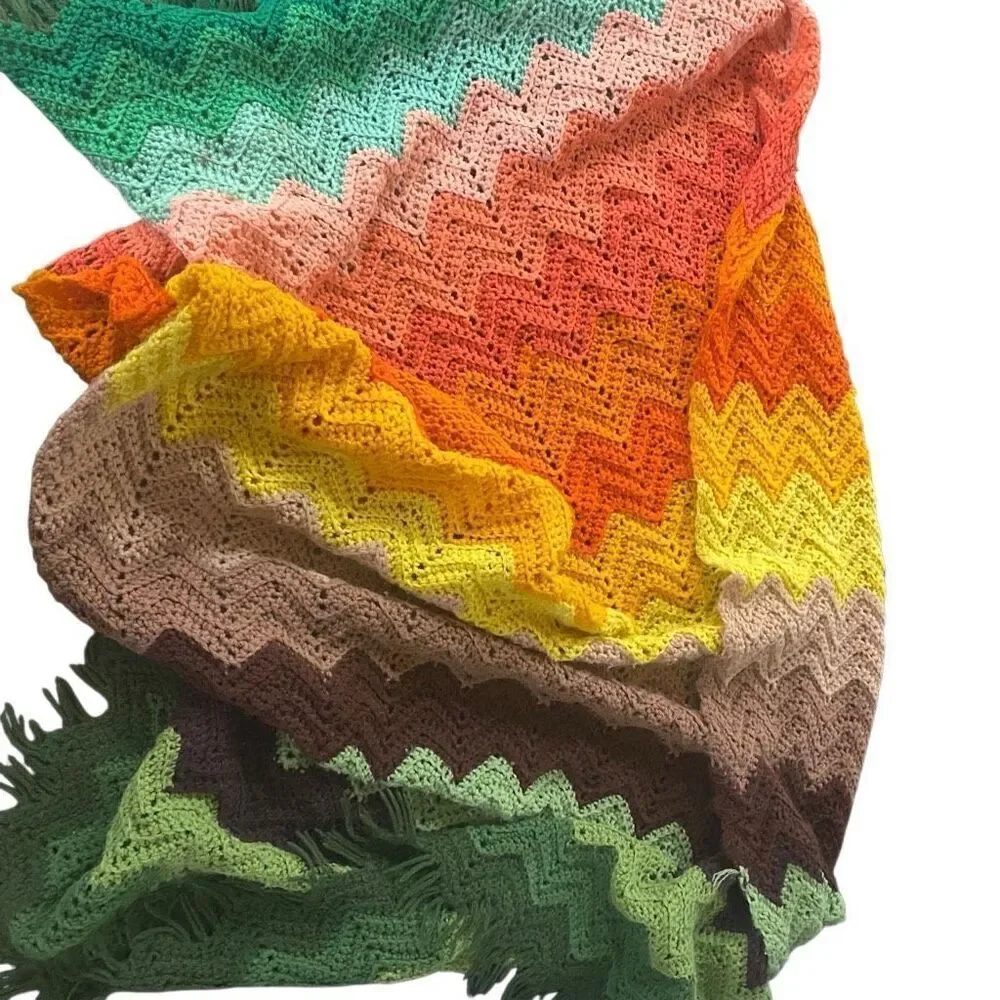 Vintage crochet throw blanket multi color